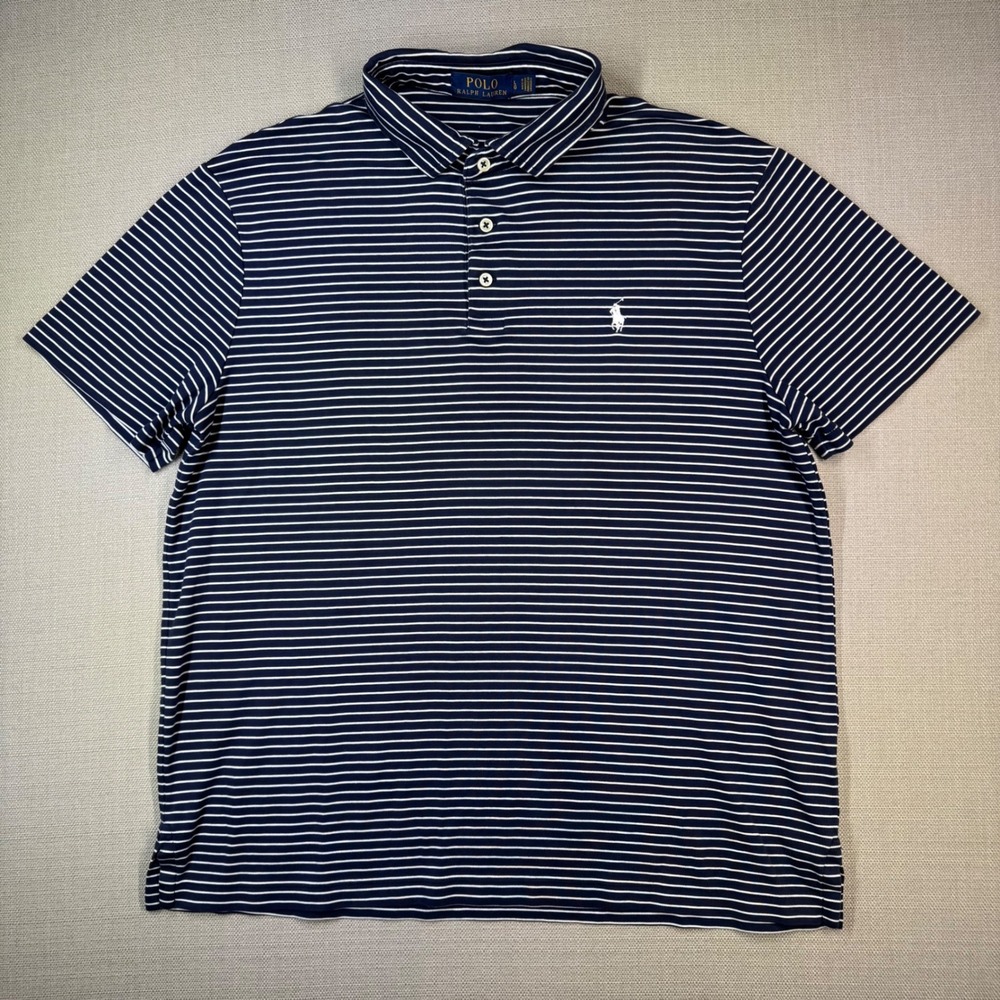 Polo Ralph Lauren Mens Short Sleeve Polo Shirt Navy Blue White Stripe Size Large